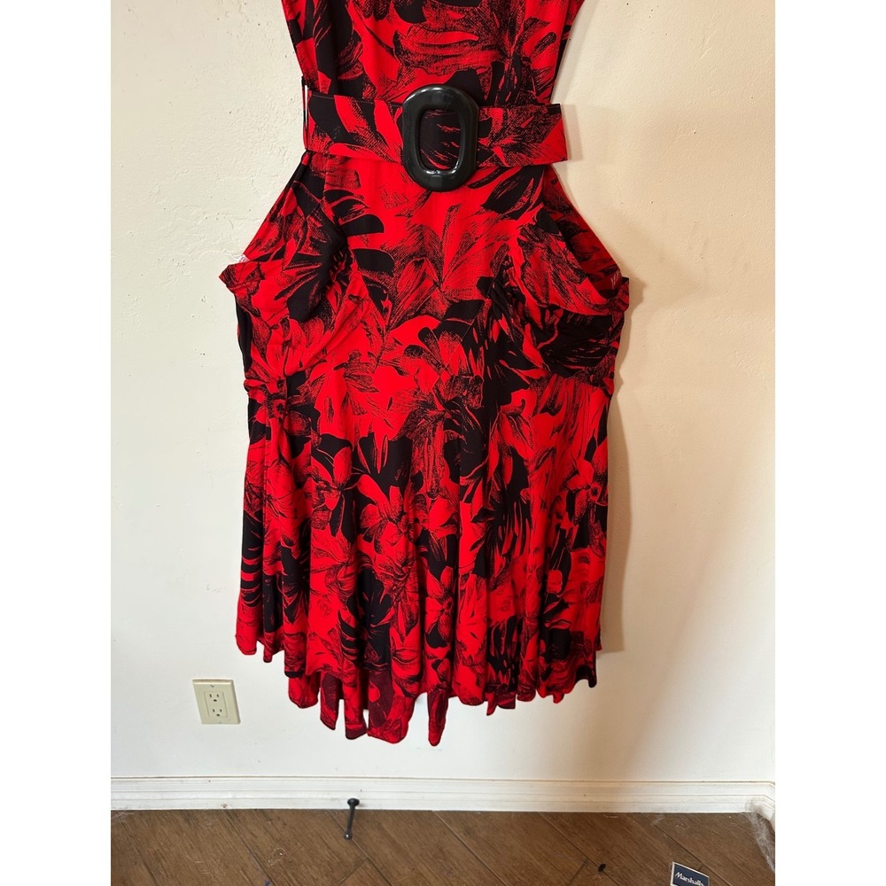 Joni Blair of California Vintage Red Black Floral Belted Midi Dress Size 9 - Picture 12 of 16